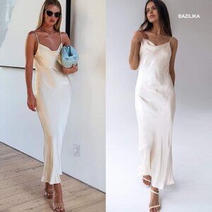 Bazilika Cowl Neck Satin Midi Slip Dress Fluid Drape in Cream Women's XS